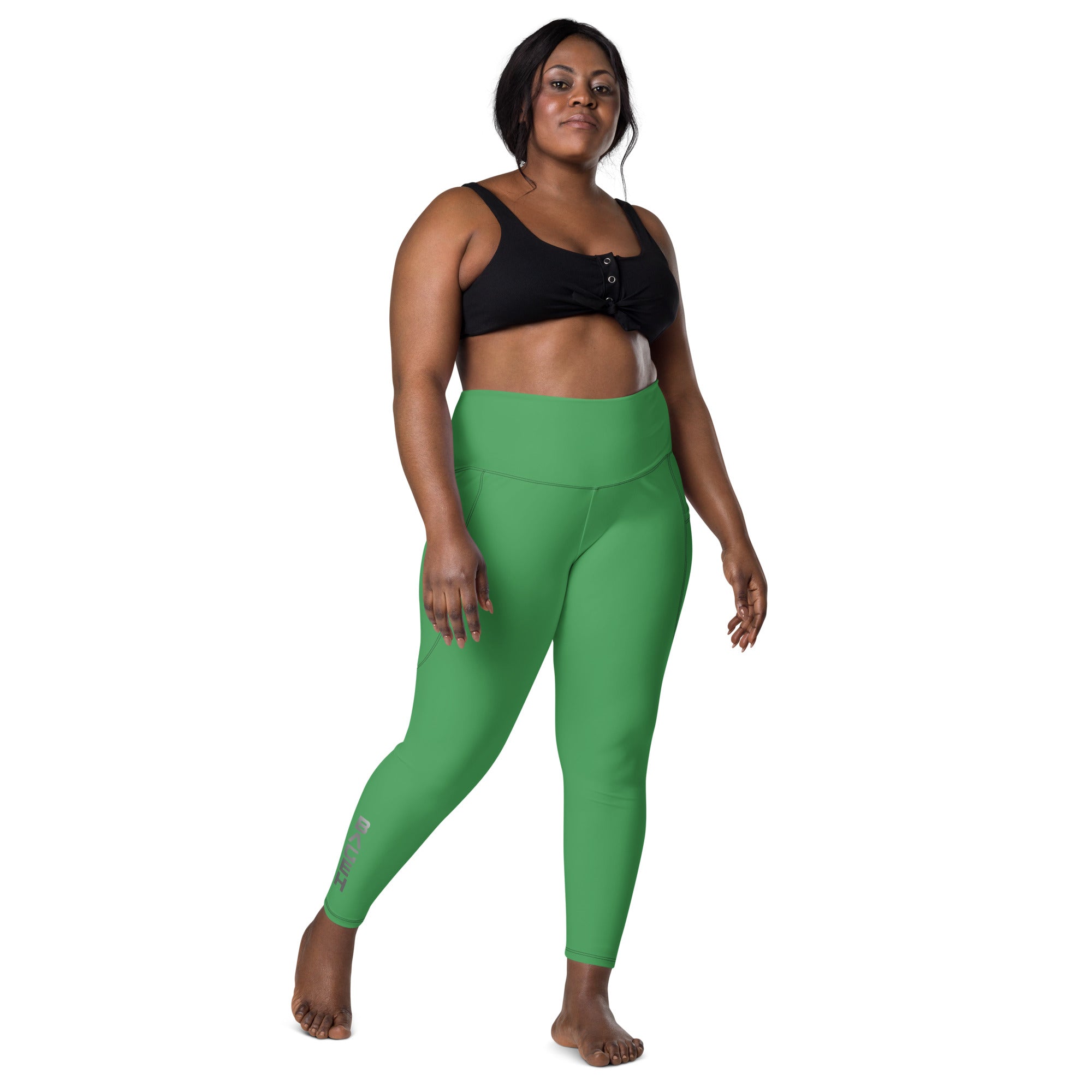 Women Green High Waist Leggings with pockets