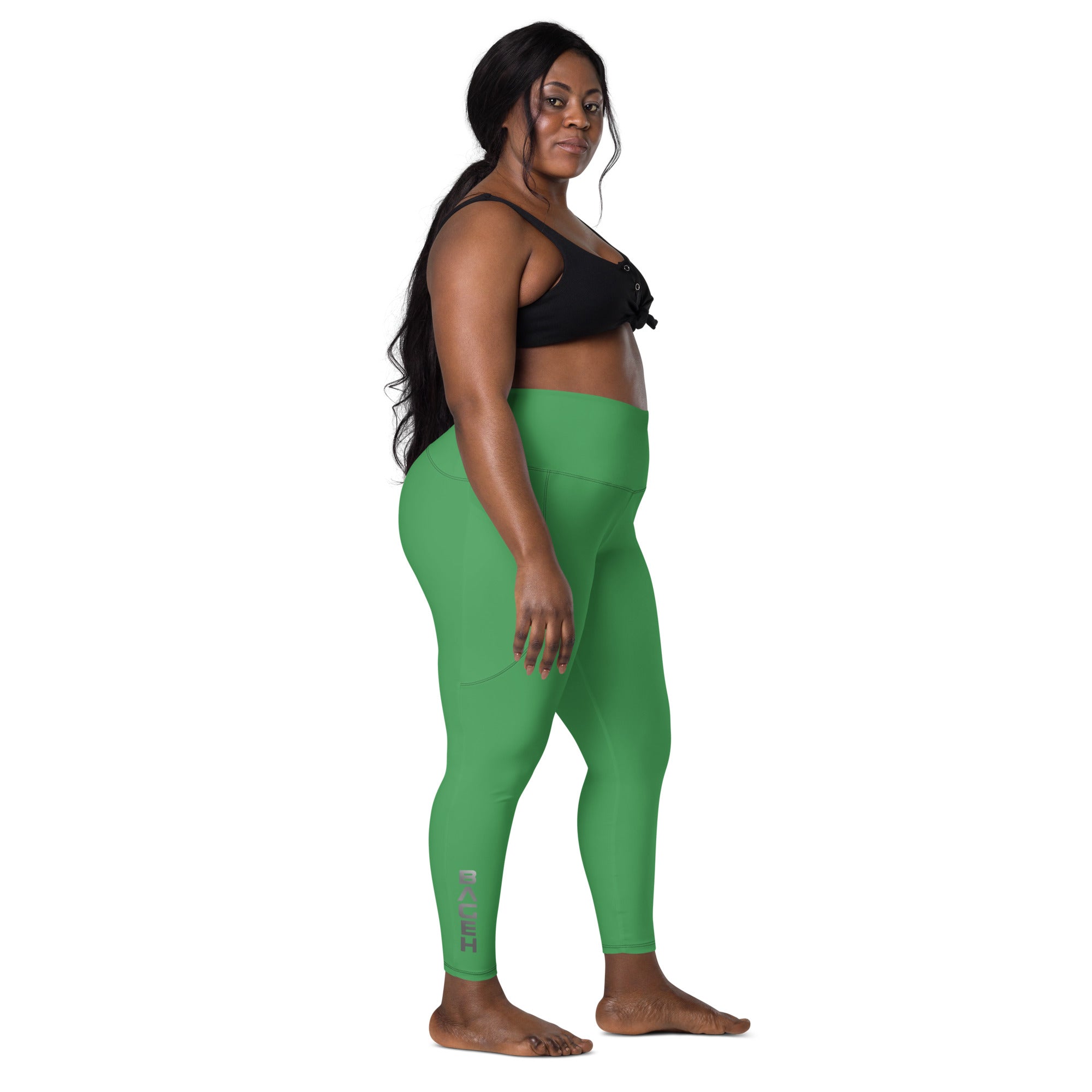 Women Green High Waist Leggings with pockets